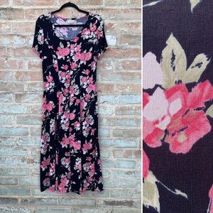 Vintage Maxi Dress 90s Floral Stretch Jersey Rose Print Button Front Modest Rose